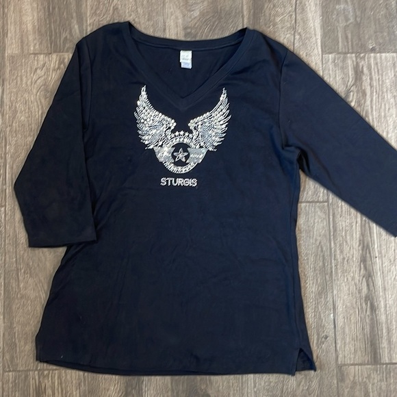 New Black V-Neck Sturgis 3/4 Sleeve T-Shirt with Rhinestone Wing Design - Picture 3 of 6